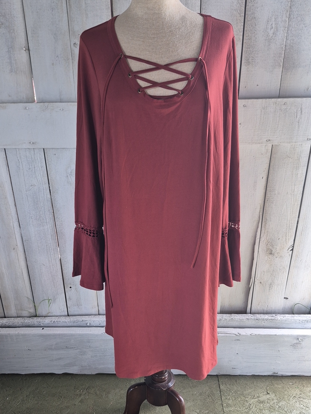 Moral Fiber Lace-Up Bell Sleeve Midi Dress - Burnt Orange